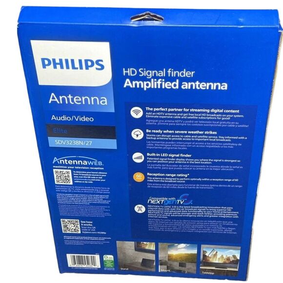 Philips Elite TV Antenna Amplified Indoor Signal Finder 10ft Coax Black NEW - Picture 2 of 4
